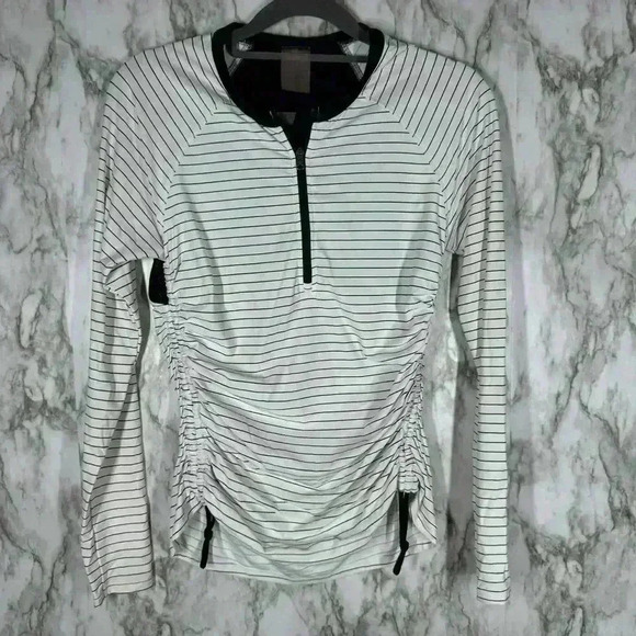 CALIA by Carrie Underwood Tops - Calia Carrie Underwood White & Black Pinstriped Ruched Pull Over Top Size Small